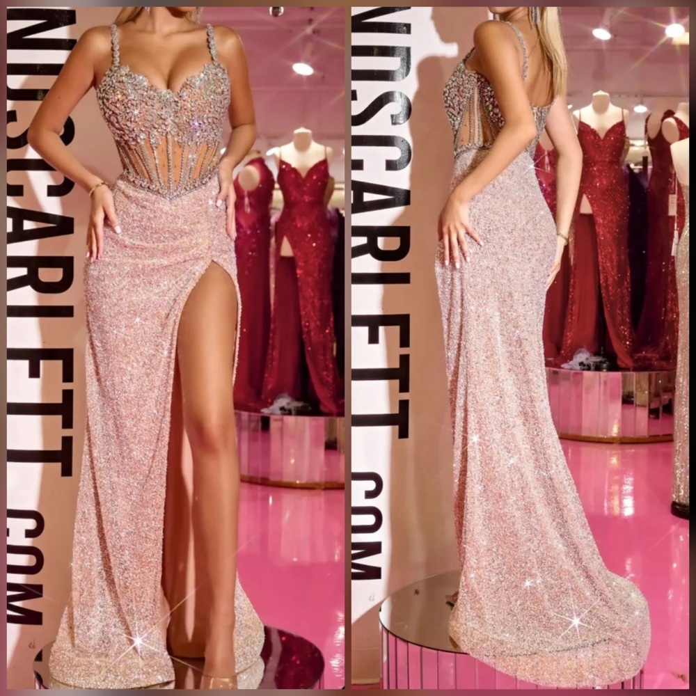 Sparkly luxury crystal rhinestone silver & nude prom dress pageant  evening gown - Picture 4 of 7